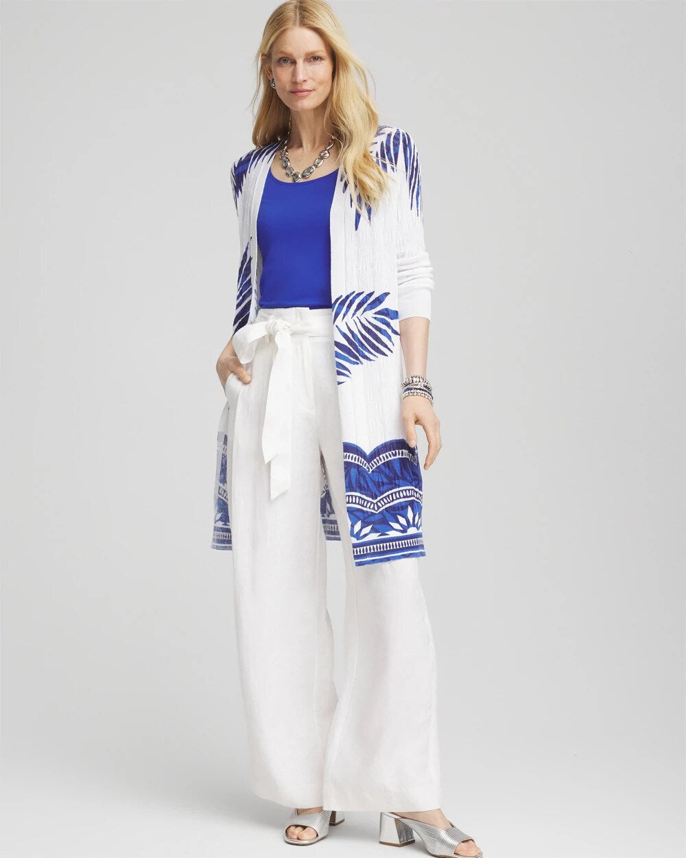 Chico's Clothing Island Motif Pointelle Long Cardigan
