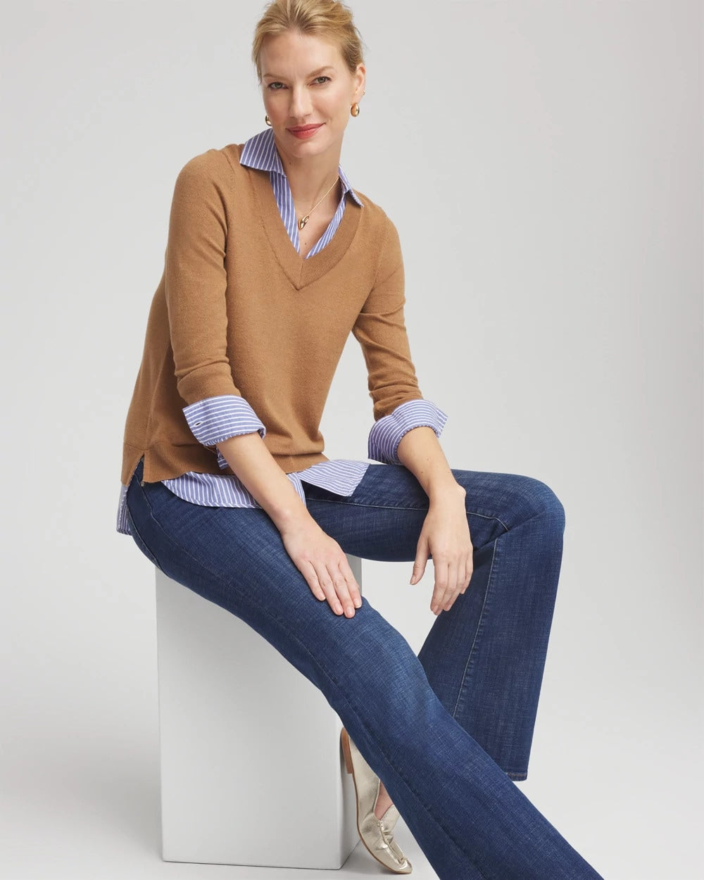 Chico's Clothing Camel Built-In Shirt Knit Sweater