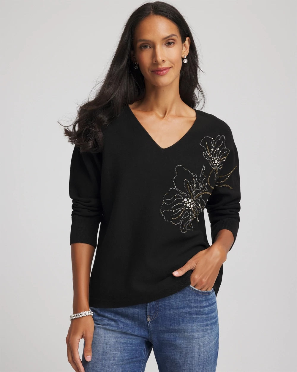 Chico's Clothing Floral Embellished Dolman V-Neck Pullover