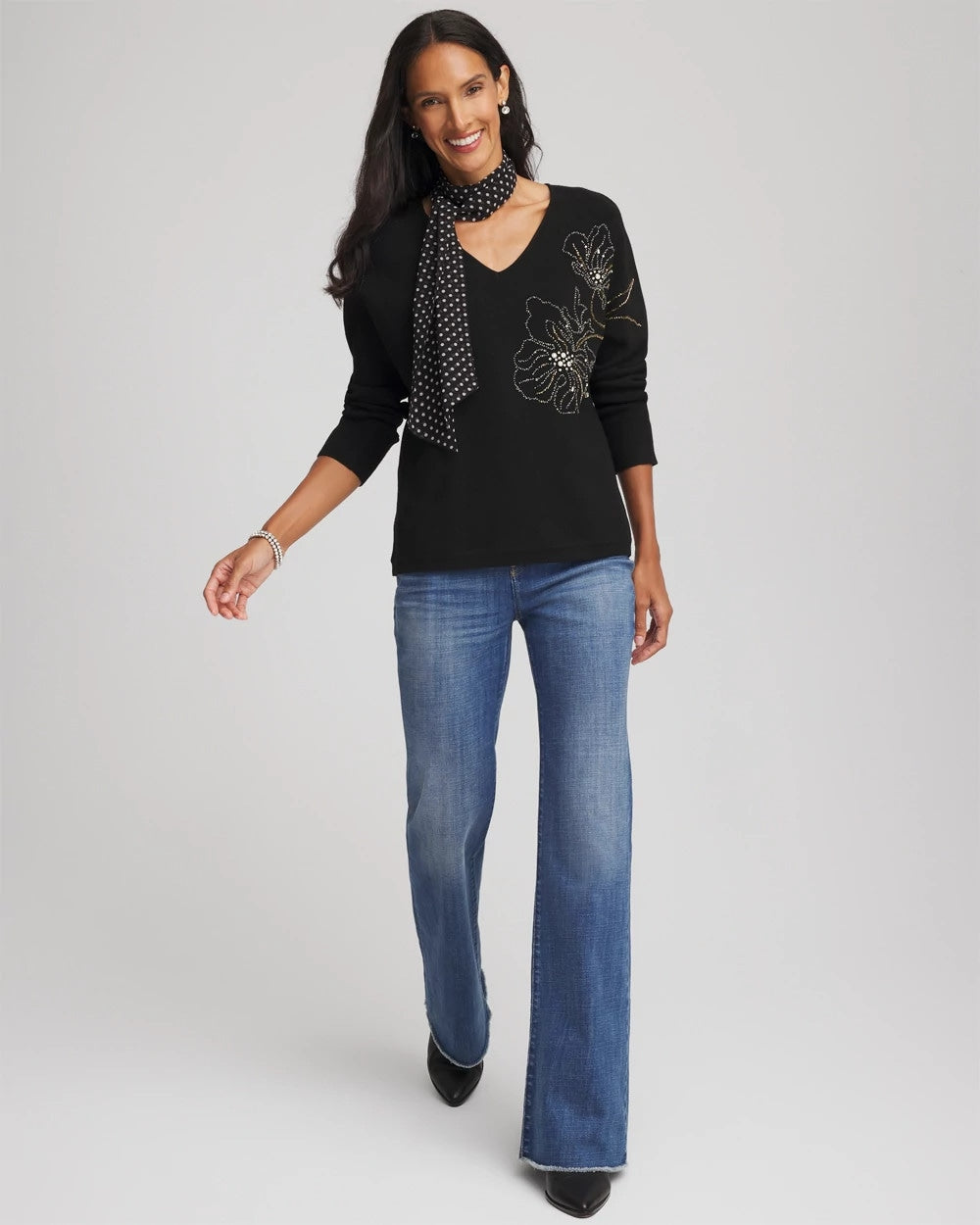 Chico's Clothing Floral Embellished Dolman V-Neck Pullover