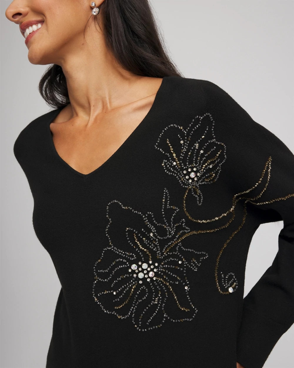 Chico's Clothing Floral Embellished Dolman V-Neck Pullover