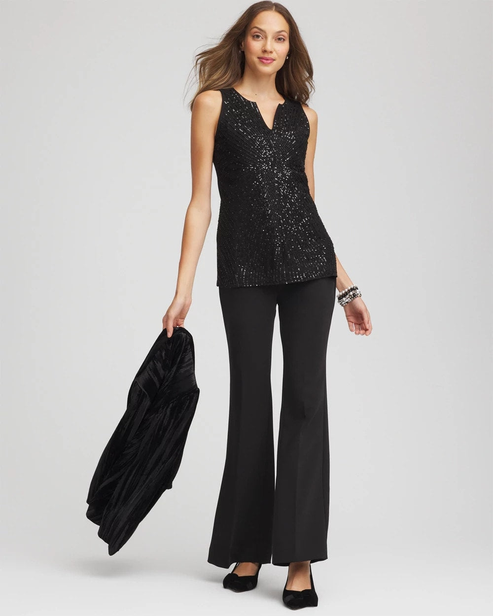 Chico's Clothing Sequin Beaded Notch Neck Tank