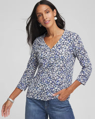Chico's Clothing Printed Slub Splitneck Button Tee