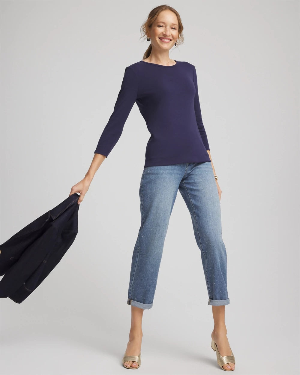 Chico's Clothing Pima Cotton Crewneck Button Tee