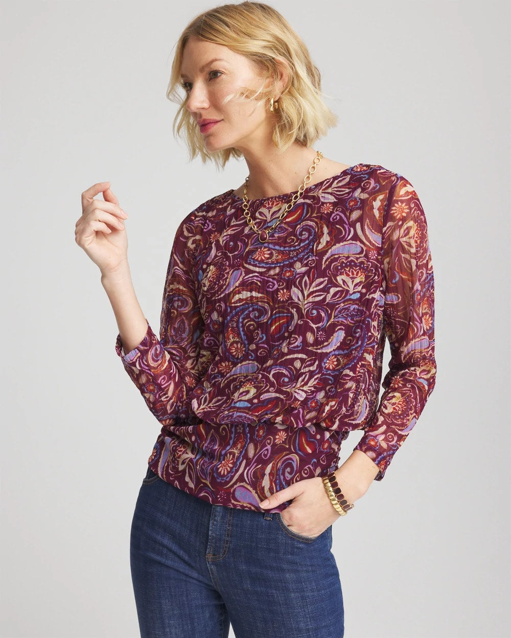 Chico's Clothing Paisley Textured Banded-Hem Top