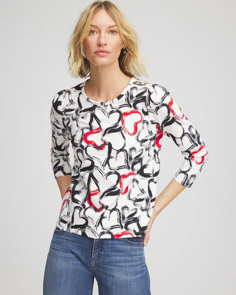Chico's Clothing Love Brush Button Heart Tee