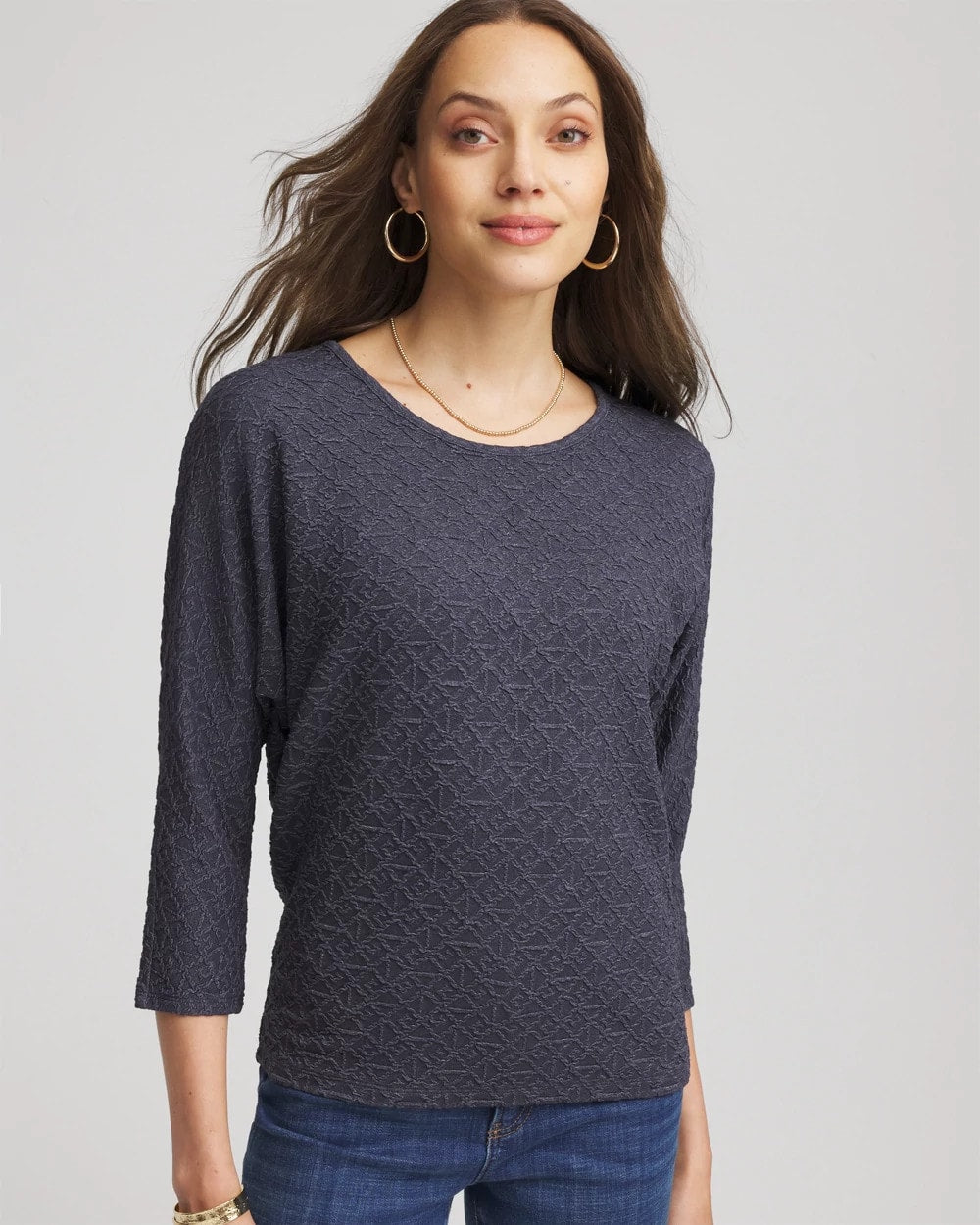 Chico's Clothing Textured Denim-Motif Tapered-Hem Top