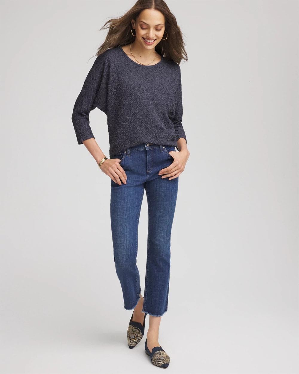 Chico's Clothing Textured Denim-Motif Tapered-Hem Top