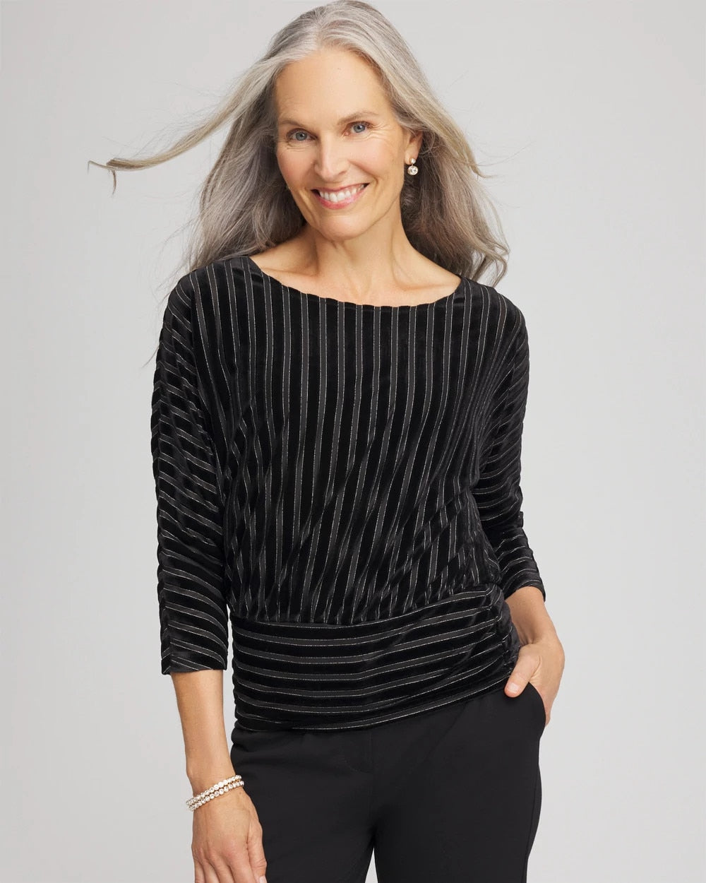 Chico's Clothing Velvet Burnout Stripe Banded-Bottom Top