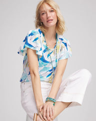 Chico's Clothing Linen Smocked Flutter-Sleeved Tee