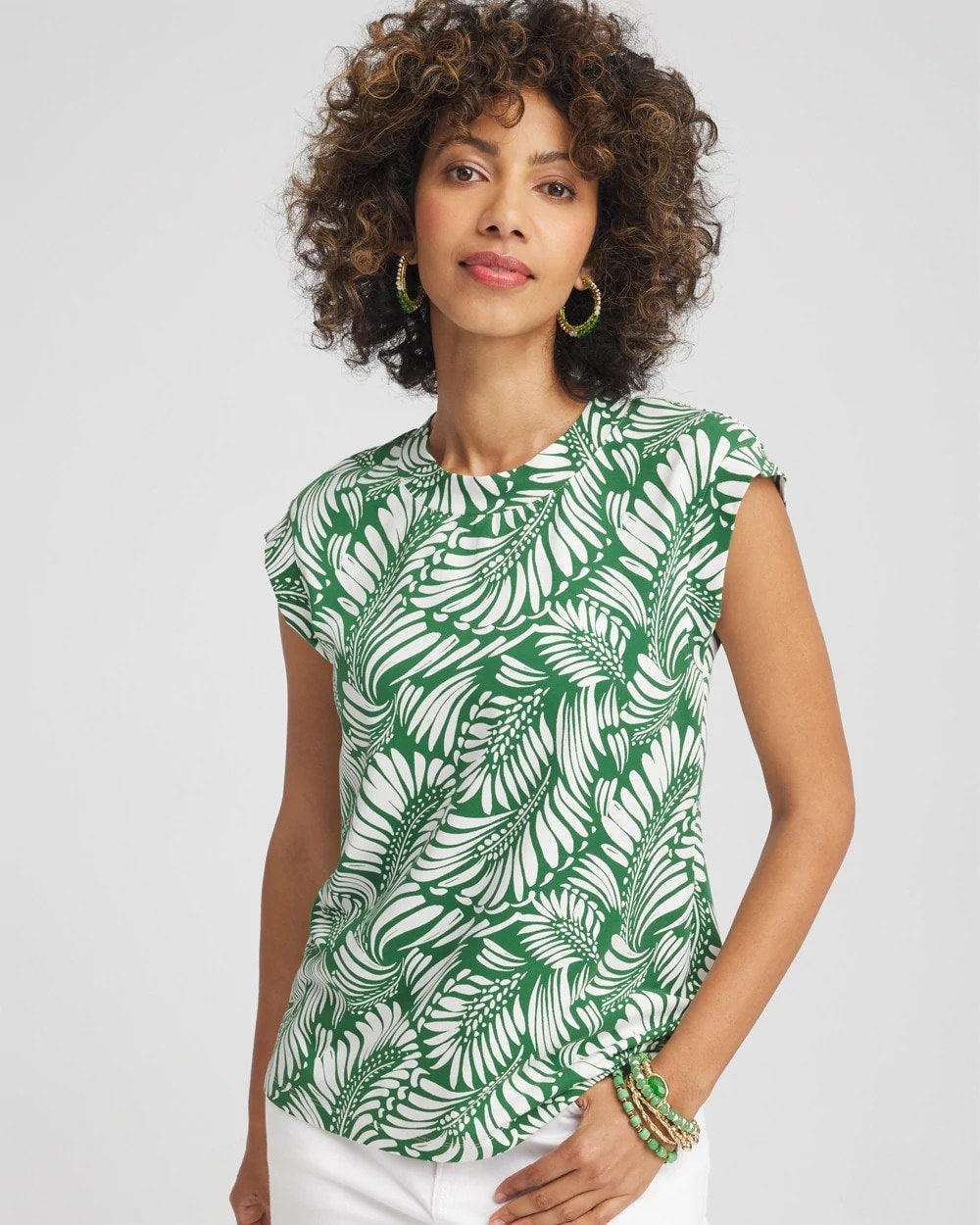 Chico's Clothing Palm-Frond-Print Cap-Sleeve Top