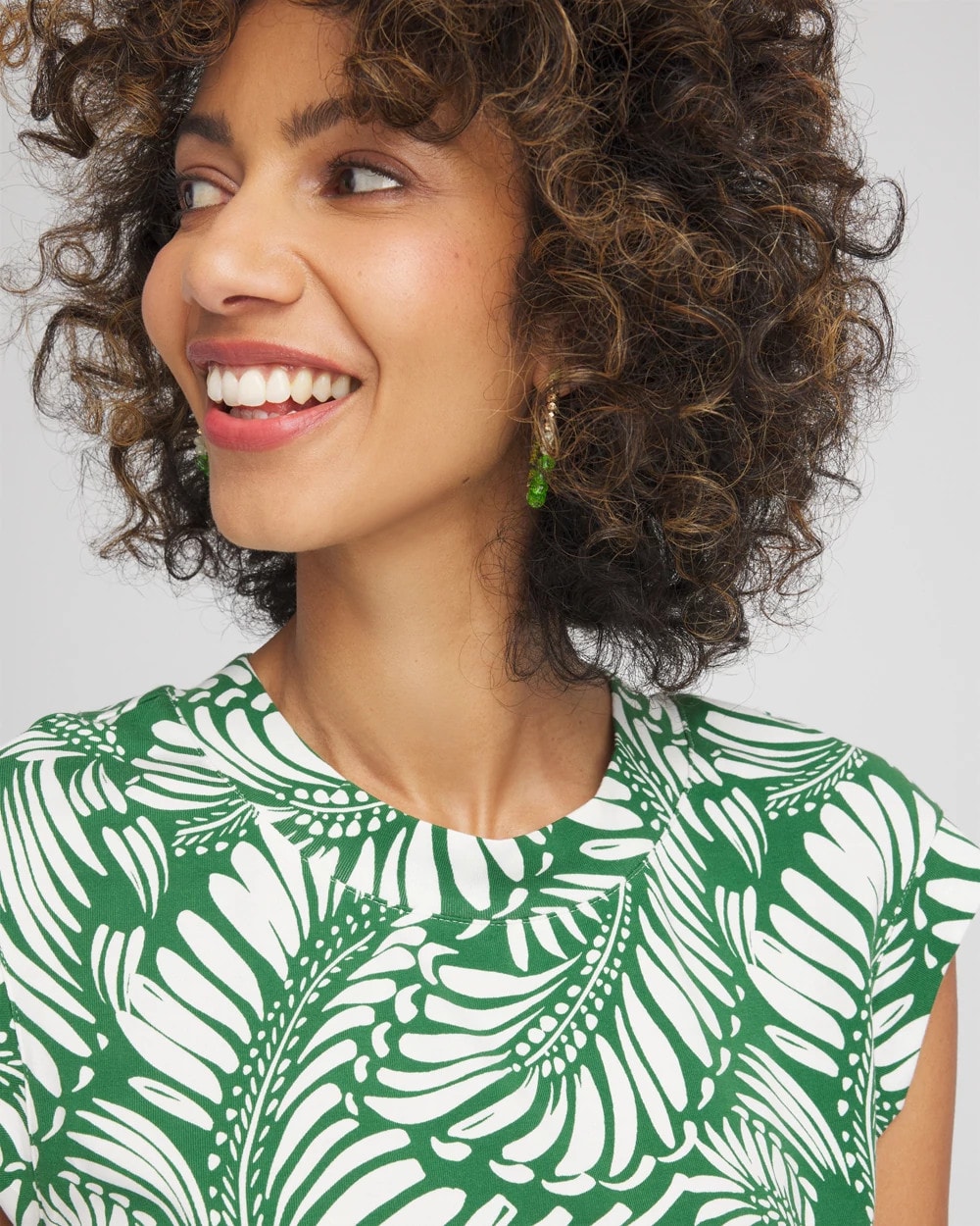 Chico's Clothing Palm-Frond-Print Cap-Sleeve Top