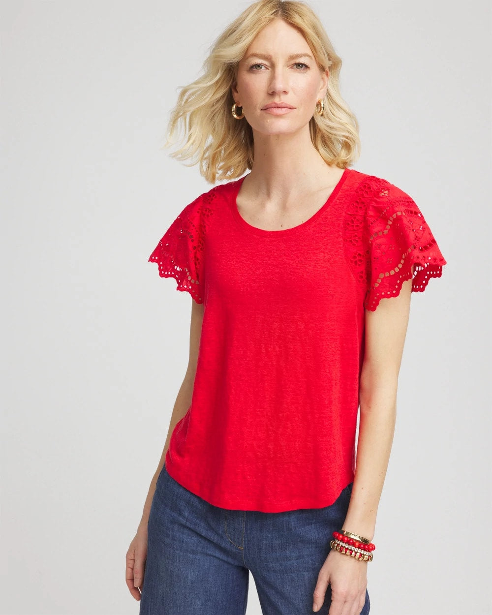 Chico's Clothing Linen Embroidered Lace Tee