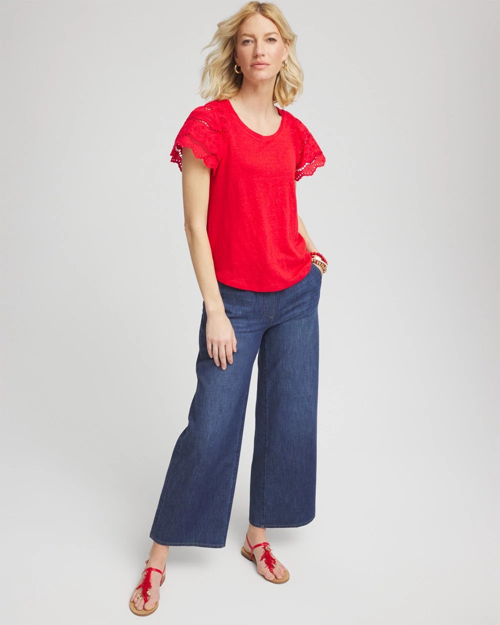 Chico's Clothing Linen Embroidered Lace Tee