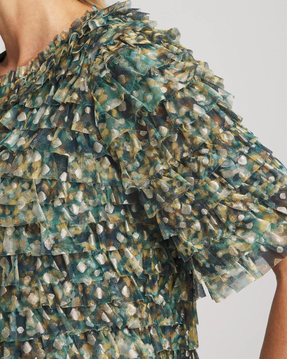 Chico's Clothing Foiled Mesh Ruffle Crop Tee