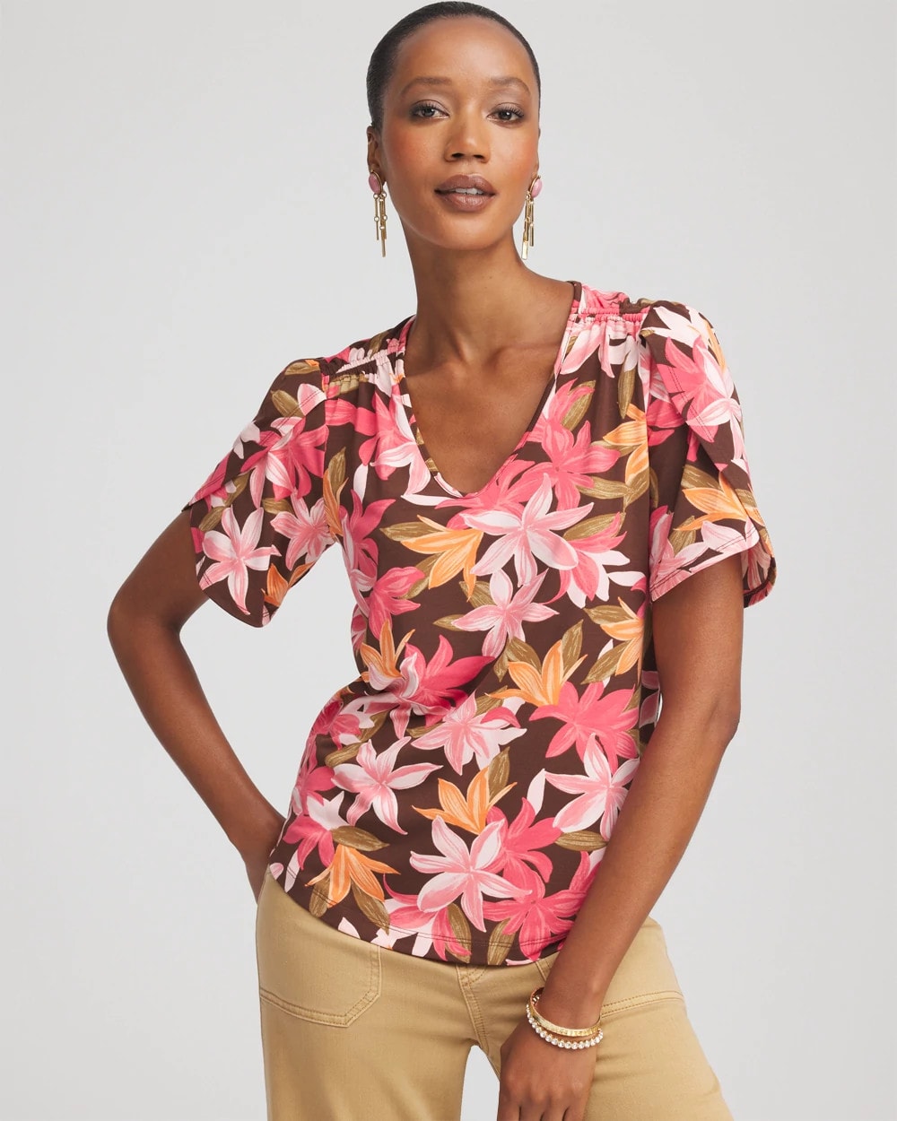 Chico's Clothing Floral Petal-Sleeve Voop Neck Tee