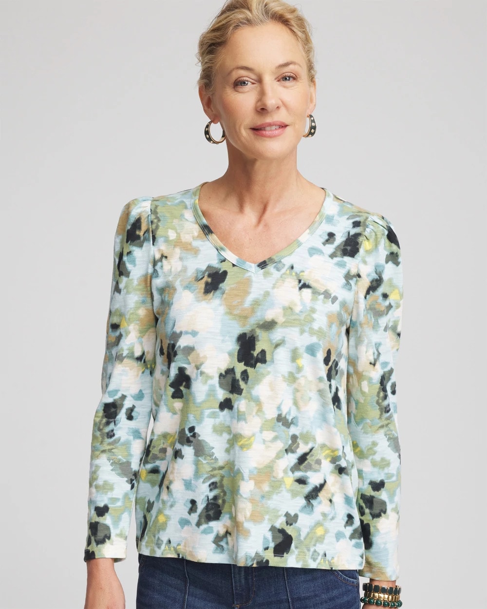 Chico's Clothing Printed Slub Puff-Sleeve Tee