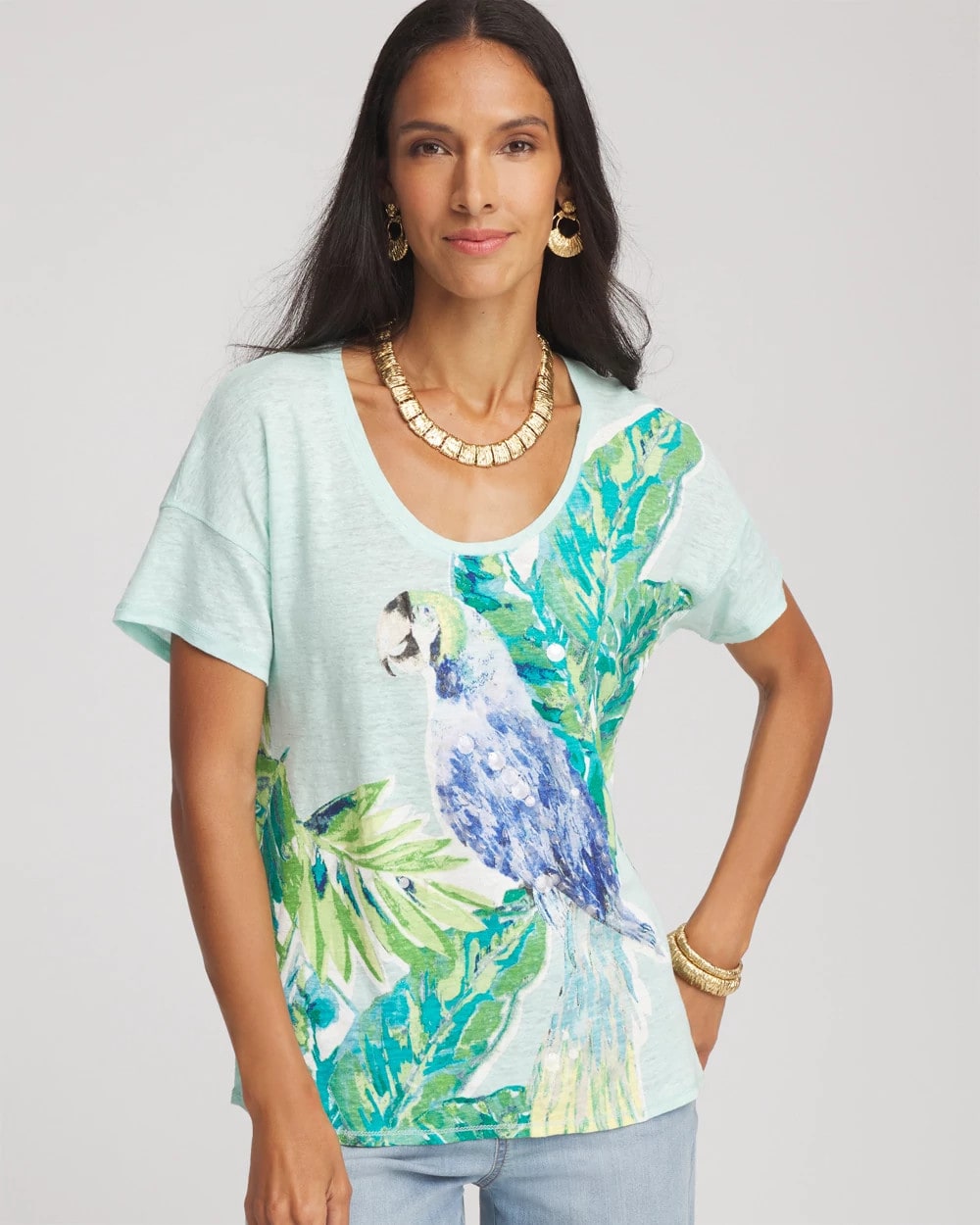 Chico's Clothing Linen Embellished Parrot Easy Tee