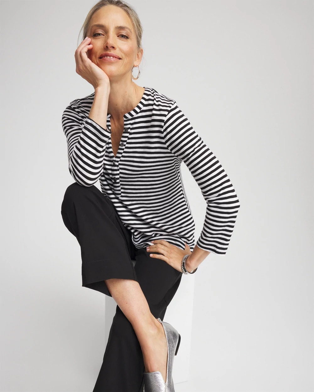 Chico's Clothing Striped Slub Splitneck Henley Tee