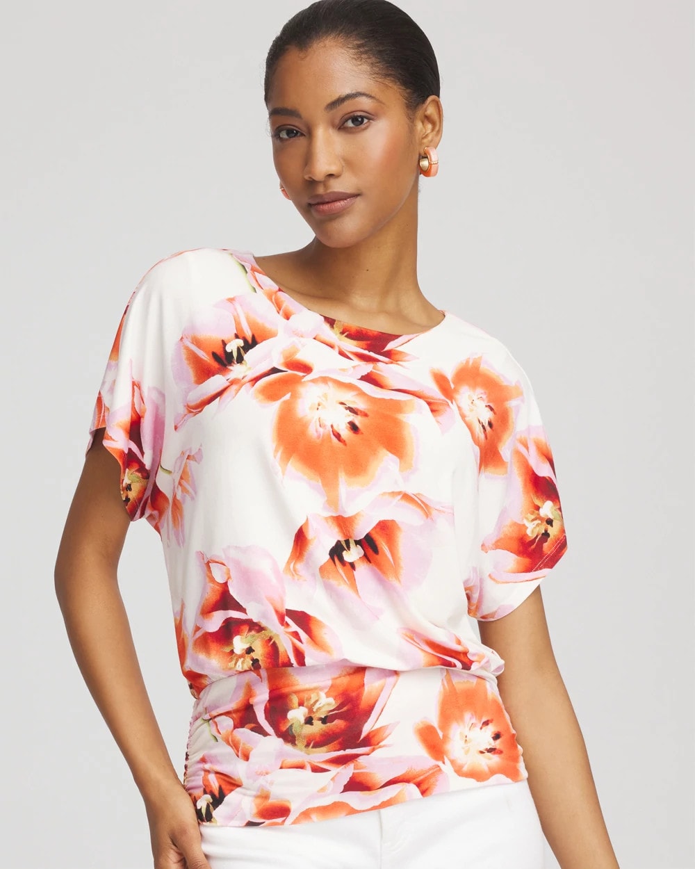 Chico's Clothing Touch of Cool™ Tropical Ruched Banded Hem Top