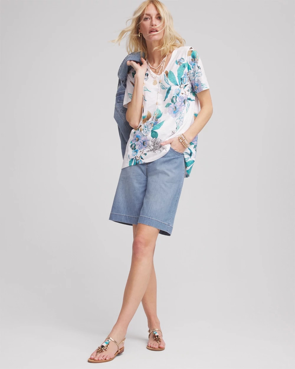 Chico's Clothing Floral Short Sleeve Forward-Seam Tee