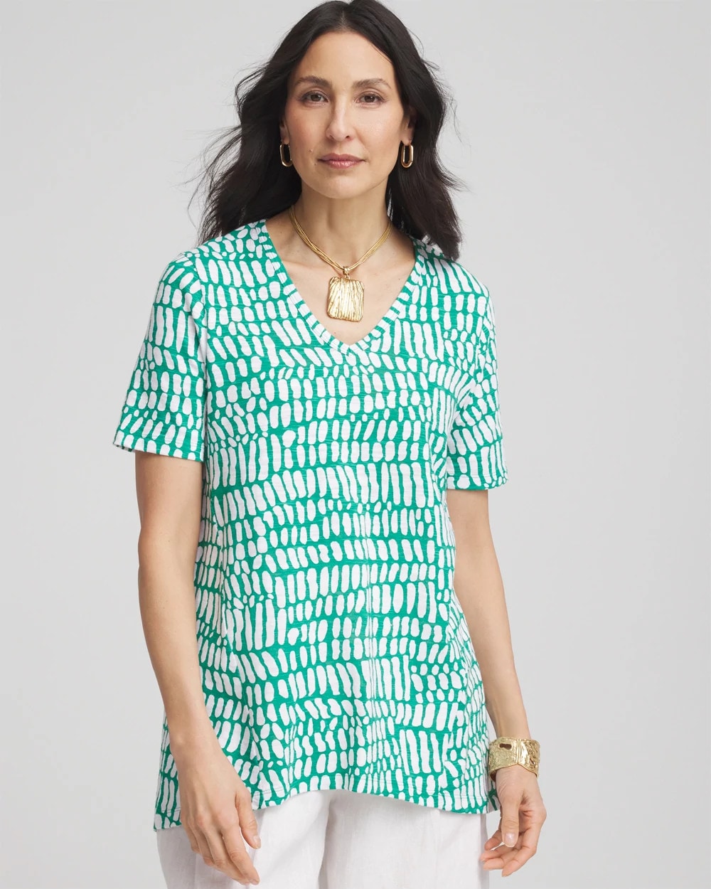Chico's Clothing Tropical Short Sleeve Forward-Seam Tee