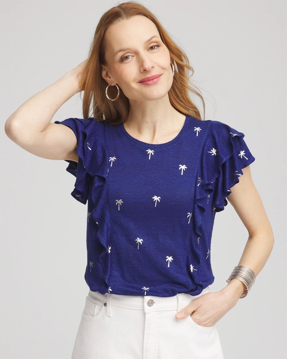 Chico's Clothing Foiled Flutter-Sleeve Linen Tee