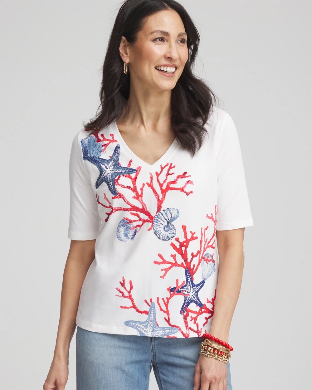 Chico's Clothing Coral Print V-Neck Perfect Tee