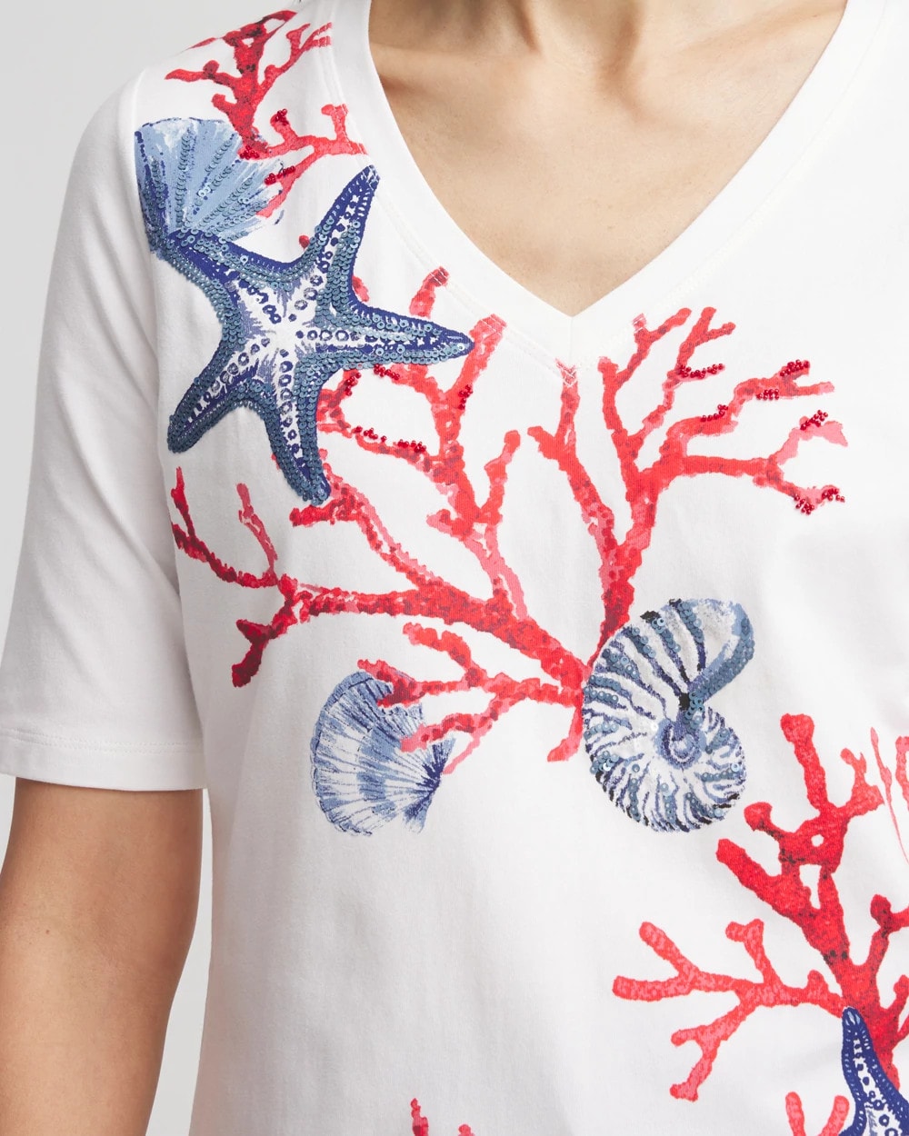Chico's Clothing Coral Print V-Neck Perfect Tee