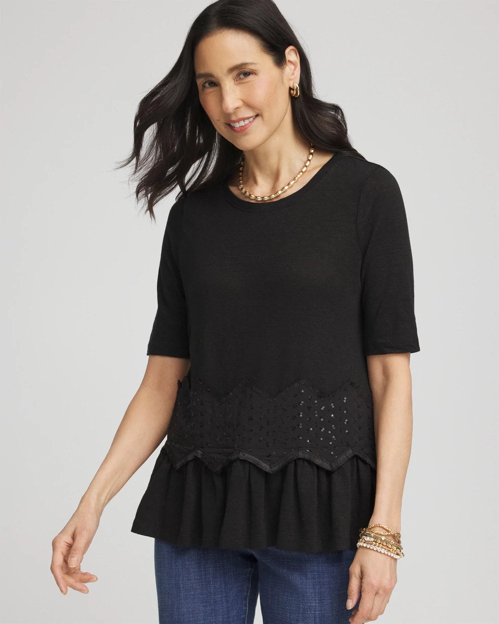 Chico's Clothing Chevron Sequin Peplum Linen Tee