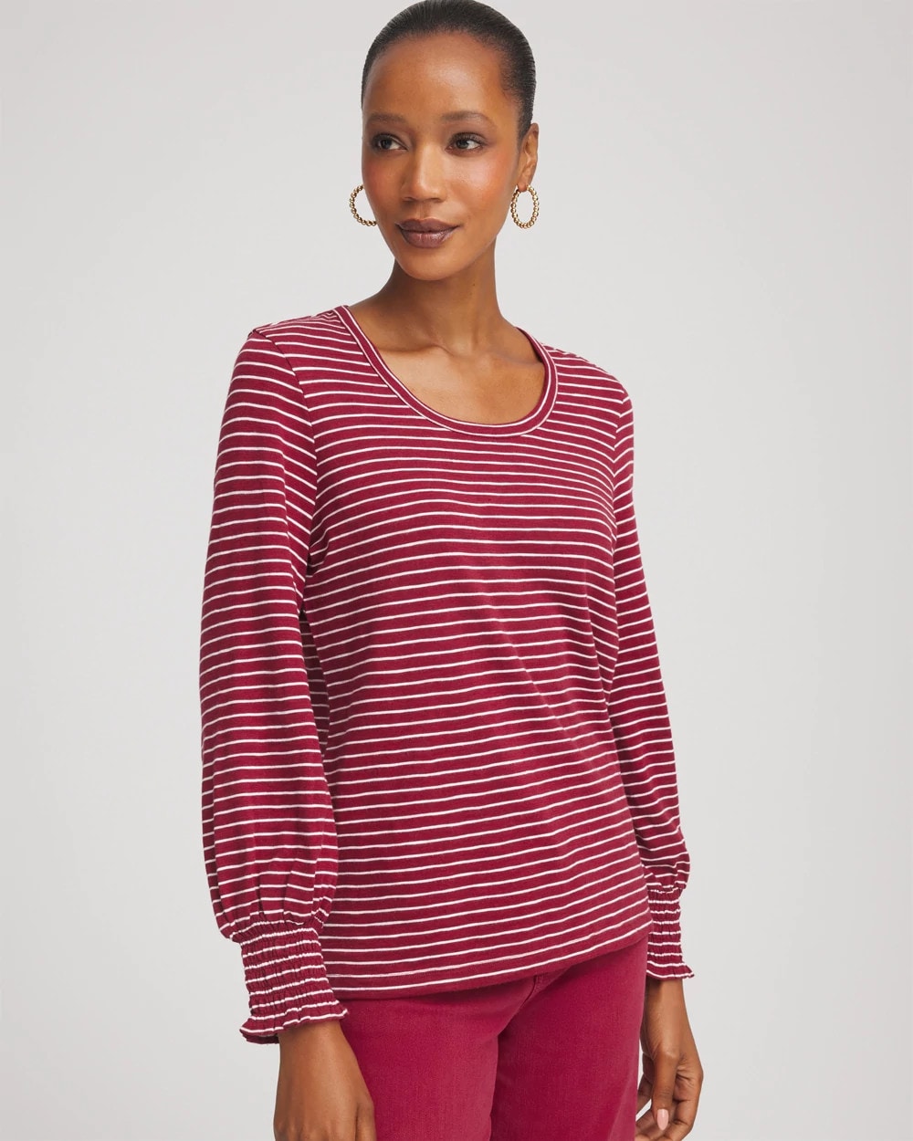 Chico's Clothing Smocked-Sleeve Cotton-Slub Tee