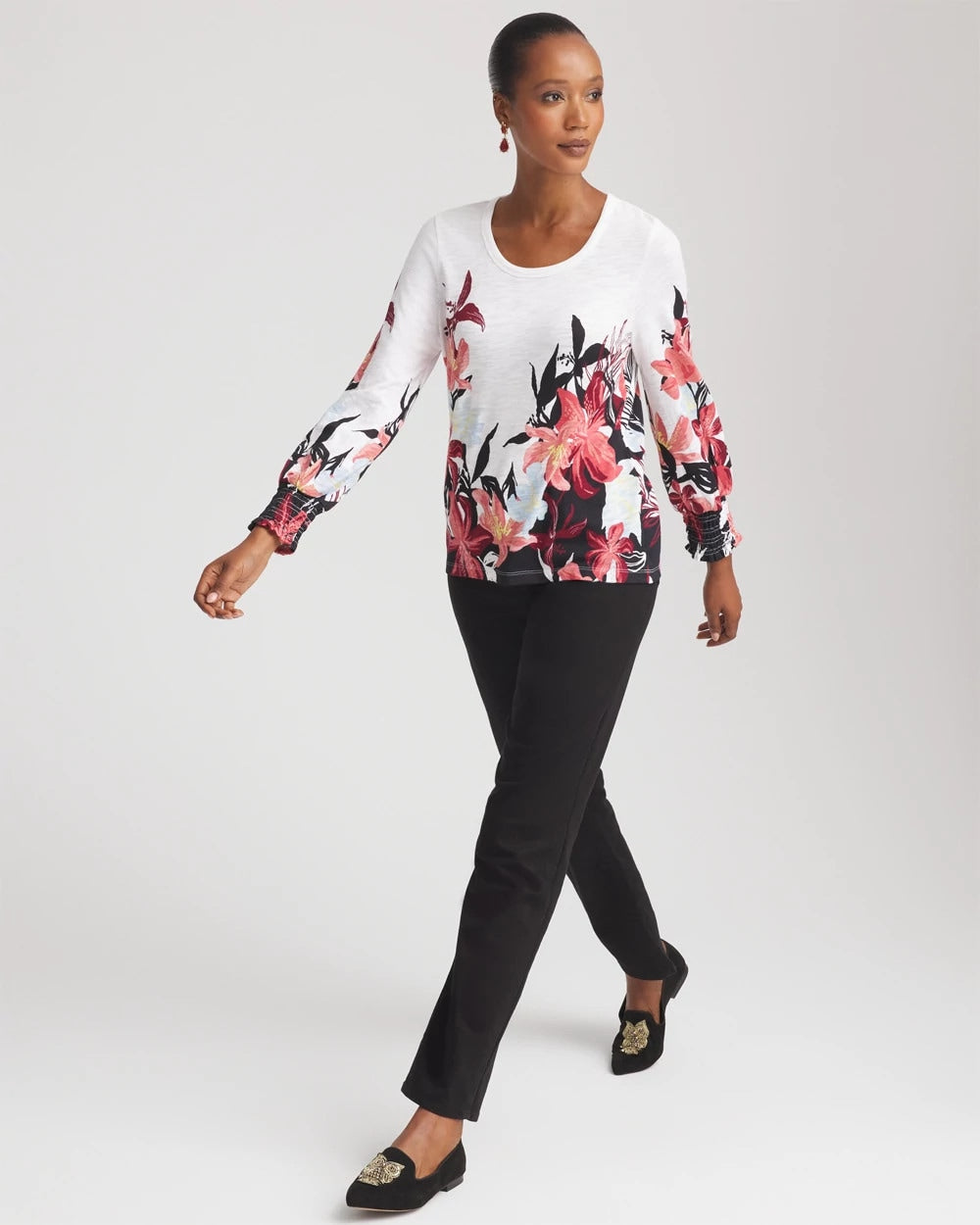 Chico's Clothing Floral-Motif Smocked Cotton-Slub Tee