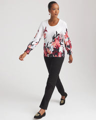 Chico's Clothing Floral-Motif Smocked Cotton-Slub Tee