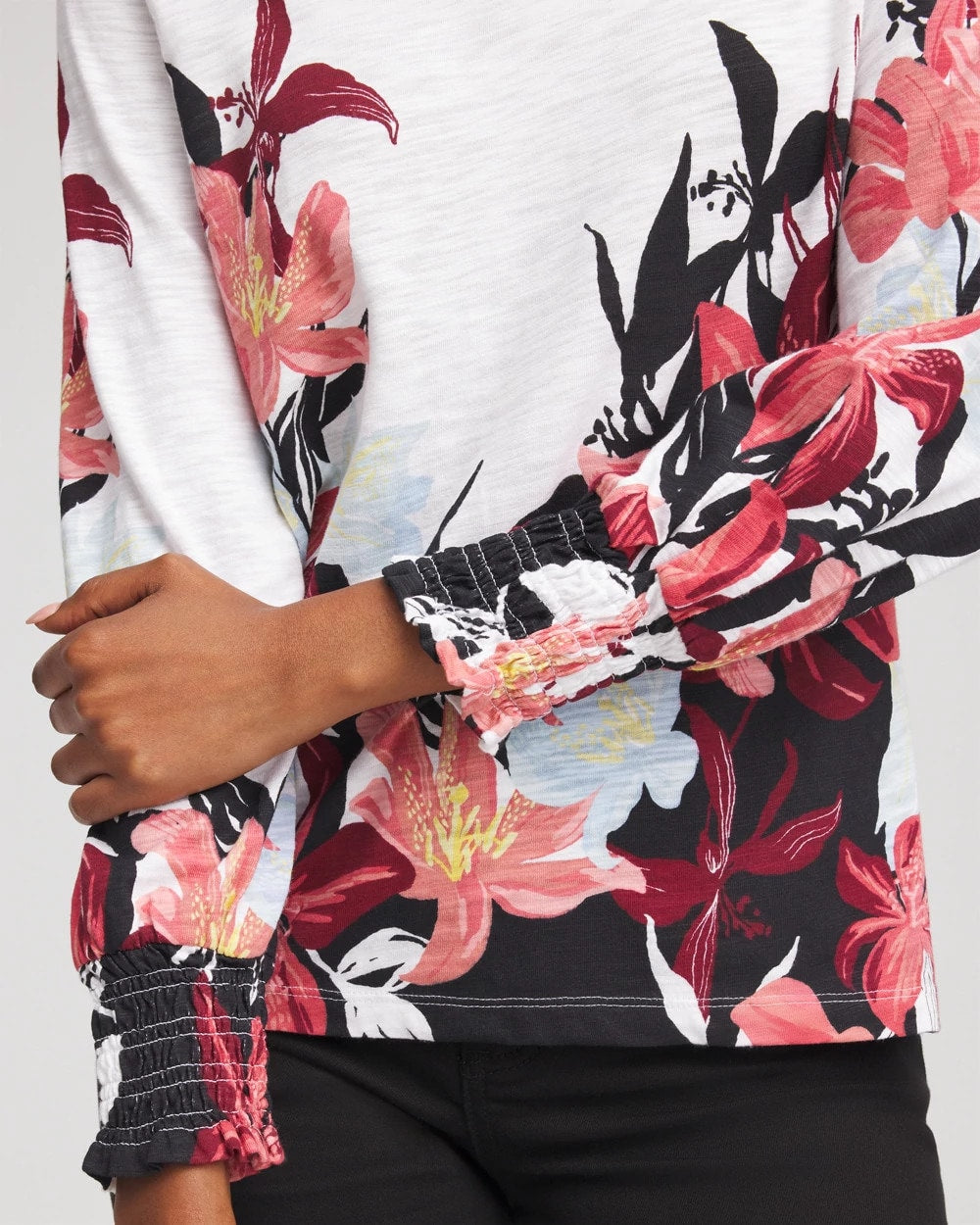 Chico's Clothing Floral-Motif Smocked Cotton-Slub Tee