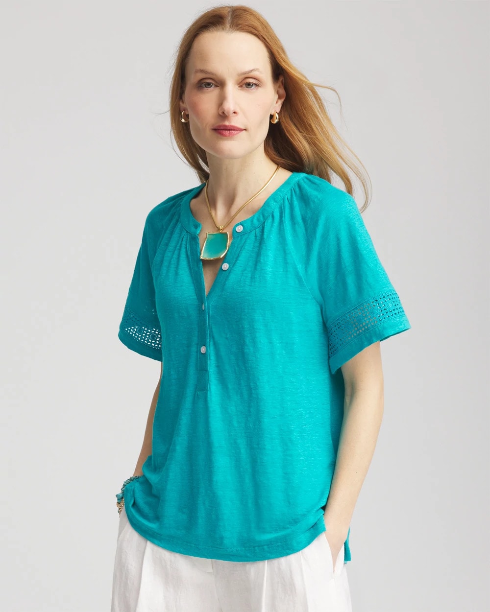 Chico's Clothing Linen Lace-Cutwork Sleeve Henley Tee