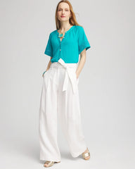 Chico's Clothing Linen Lace-Cutwork Sleeve Henley Tee