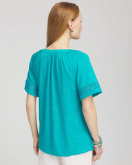 Chico's Clothing Linen Lace-Cutwork Sleeve Henley Tee