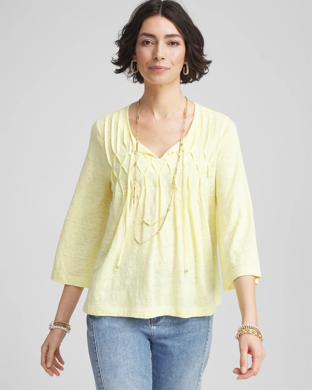 Chico's Clothing Pintuck Linen Notched-Neck Tee