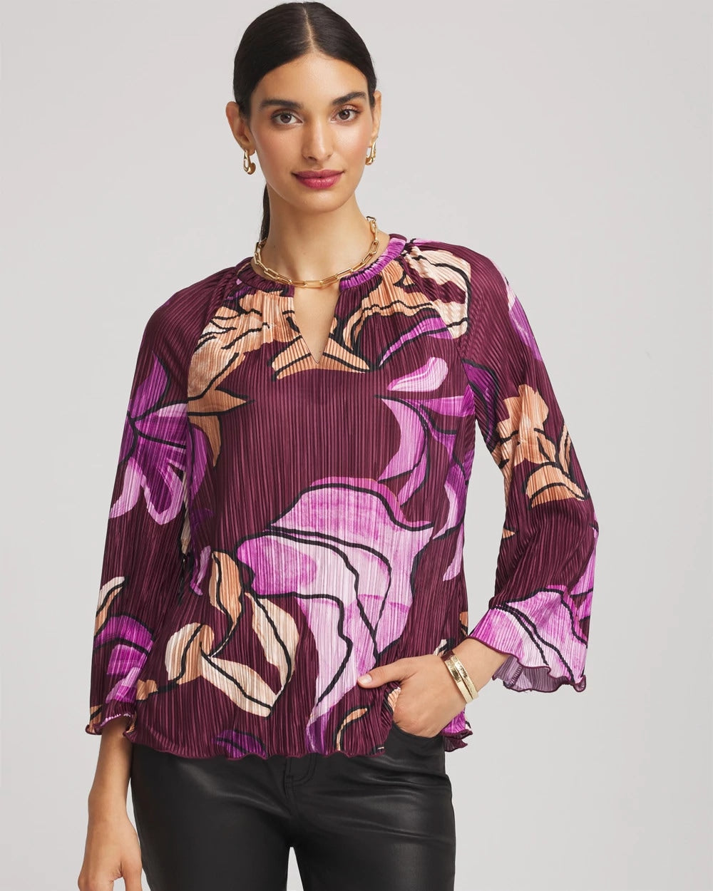 Chico's Clothing Printed Pleated V-Neck Tee