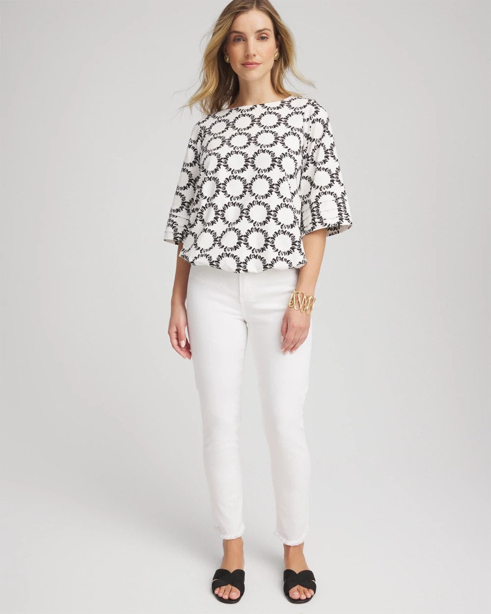 Chico's Clothing Geo Print Boatneck Bubble-Hem Top
