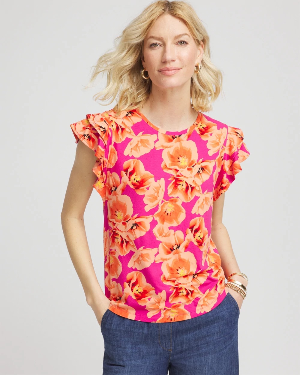 Chico's Clothing Touch of Cool™ Tropical Flutter Sleeve Tee