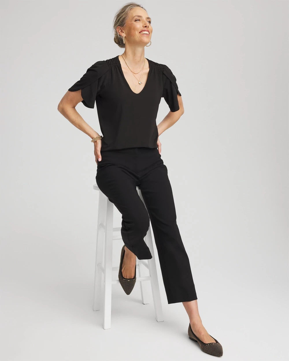 Chico's Clothing Petal-Sleeve Voop Neck Tee