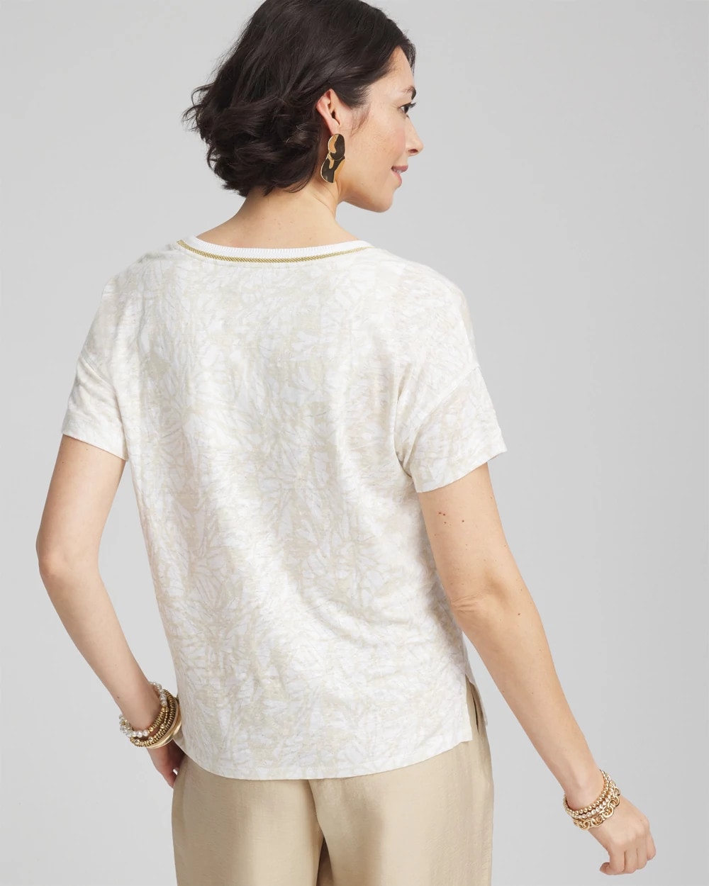 Chico's Clothing Printed Sweater Trim Linen Tee