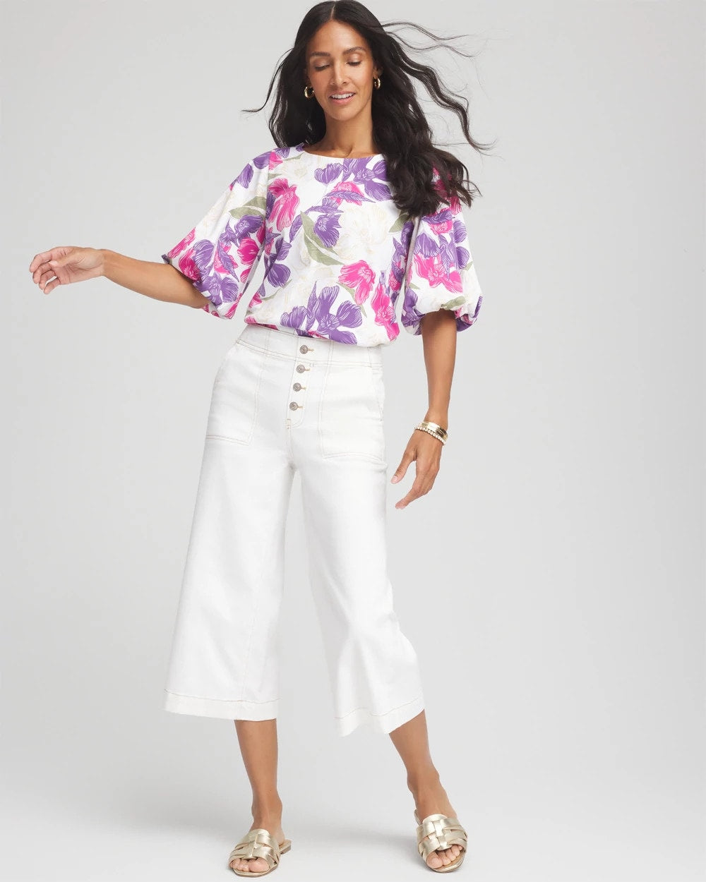 Chico's Clothing Floral Bubble Sleeve Top
