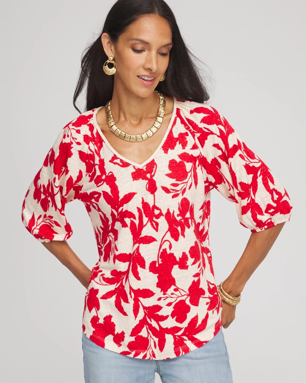Chico's Clothing Floral Braided Linen Top