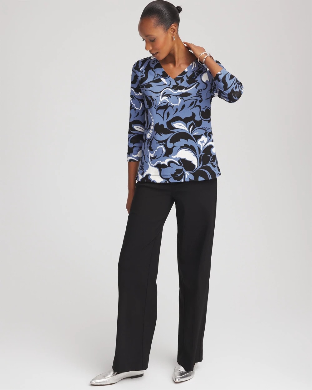 Chico's Clothing Pima Cotton Floral 3/4 Sleeve Tee