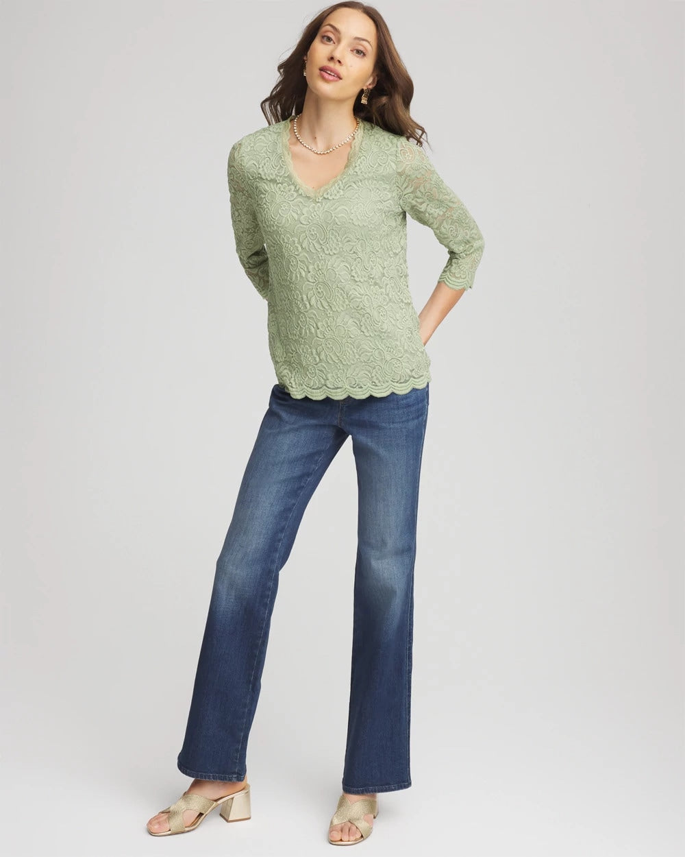 Chico's Clothing Lace Scallop-Hem Knit Tee