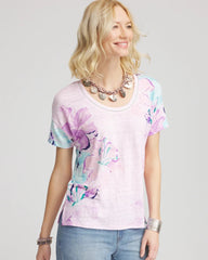 Chico's Clothing Floral Sweater-Trim Linen Tee
