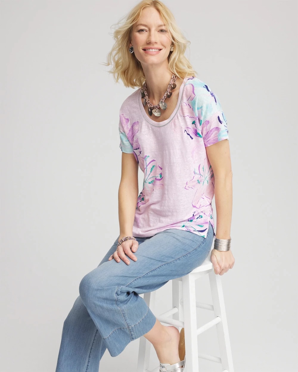 Chico's Clothing Floral Sweater-Trim Linen Tee