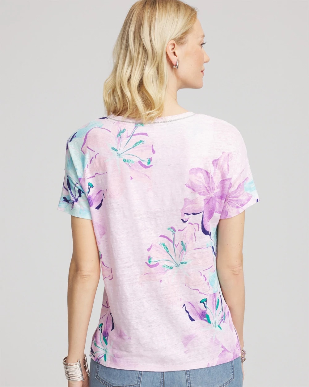 Chico's Clothing Floral Sweater-Trim Linen Tee